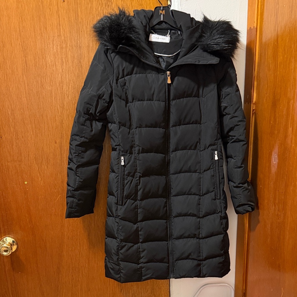 Calvin Klein Black Puffer Jacket with Faux Fur Hood